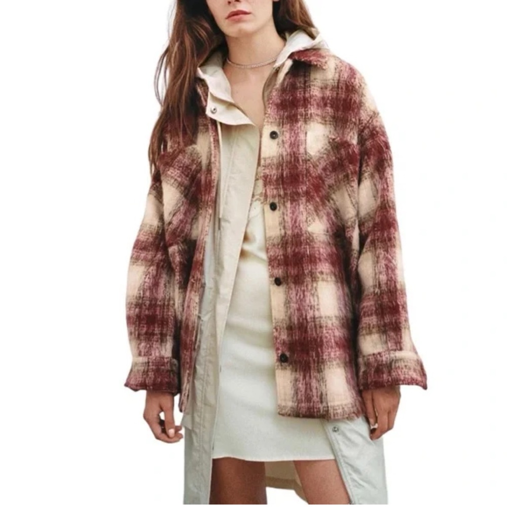 Zara Plaid Shacket in Burgundy and Cream